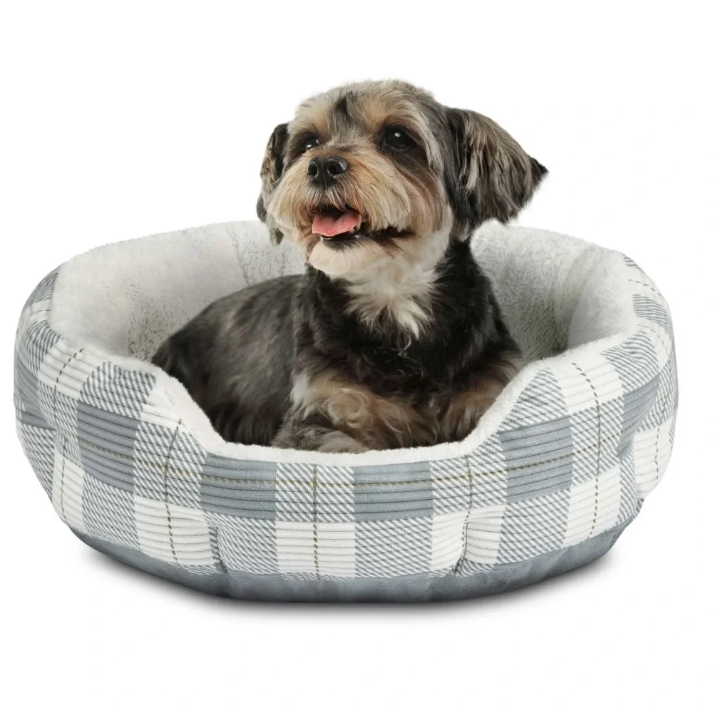 Vibrant Life Small Cat Or Dog Cuddler Bed- Gray & White Plaid 17x19x6.25 Inches